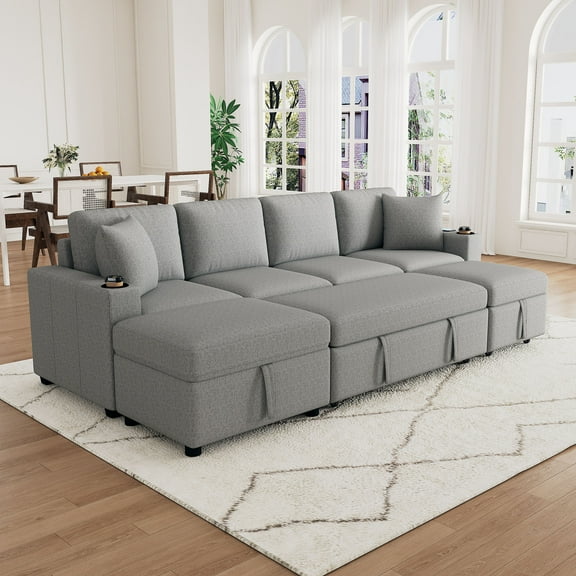 109.1" Sectional Sofa Convertible Pull-out Sofa Bed L-shaped Sofa U-shaped Sofa with a Movable Storage Ottoman for Living Room, Gray
