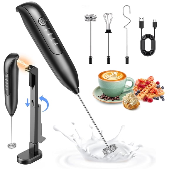 Skdwakiz Milk Frother Handheld Rechargeable, 3 Heads 3 Speeds Portable Frother Wand with LED Digital Display & Magnetic Stand, Stainless Steel Electric Whisk Foam Maker for Coffee, Lattes, Cappuccino