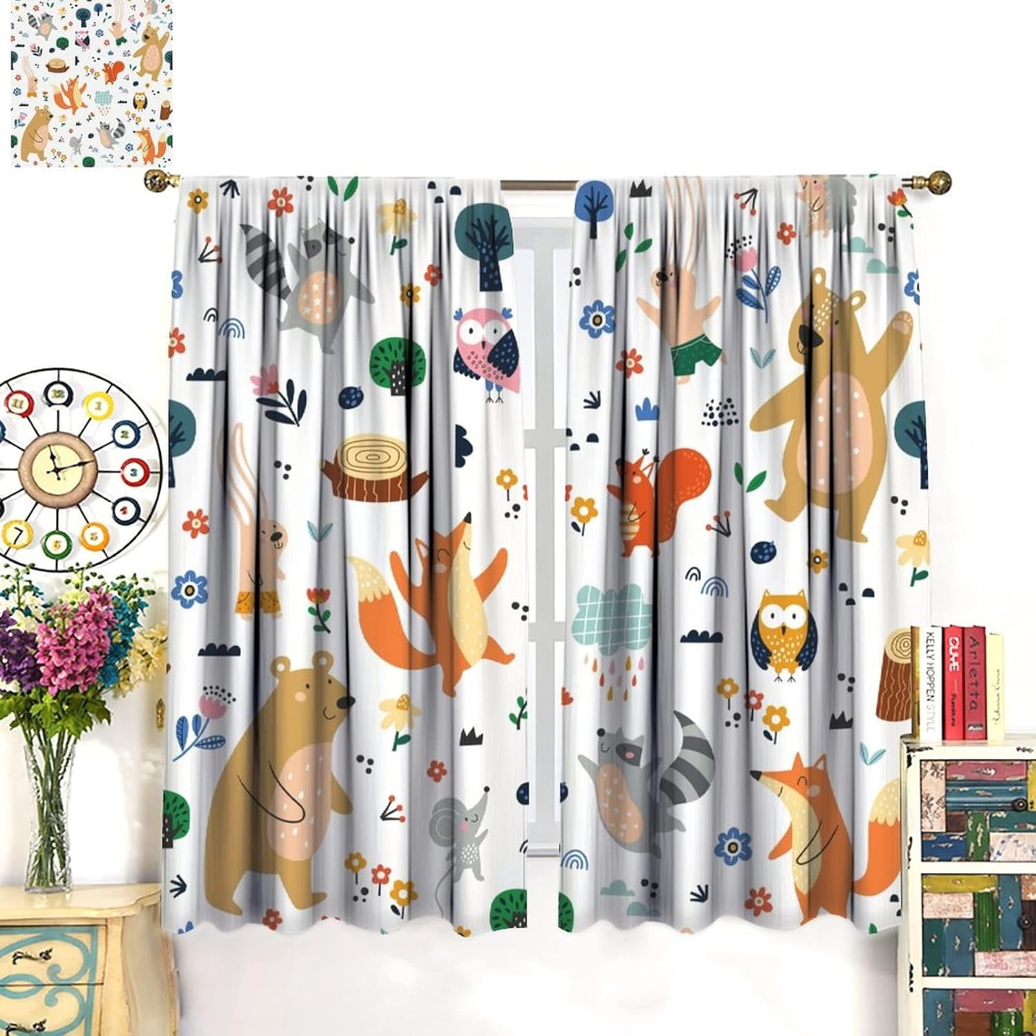 Kids Blackout Curtains,Each Panel W26 x 84" L,Baby Room Cartoon Forest Animal Cute Bear Fox Rod Pocket Curtains for Boys Girls Bedroom Living Room Nursery Window Drapes 2 Panel Set 52" x 84"