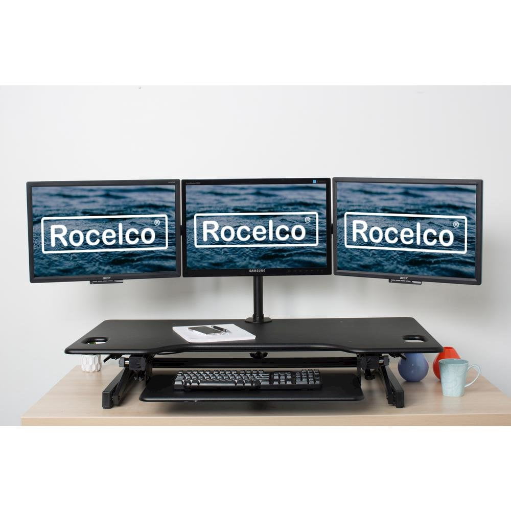 Rocelco 46" Large Height Adjustable Standing Desk Converter with Triple Monitor Mount BUNDLE - Quick Sit Stand Up Computer Workstation Riser - Retractable Keyboard Tray - Black
