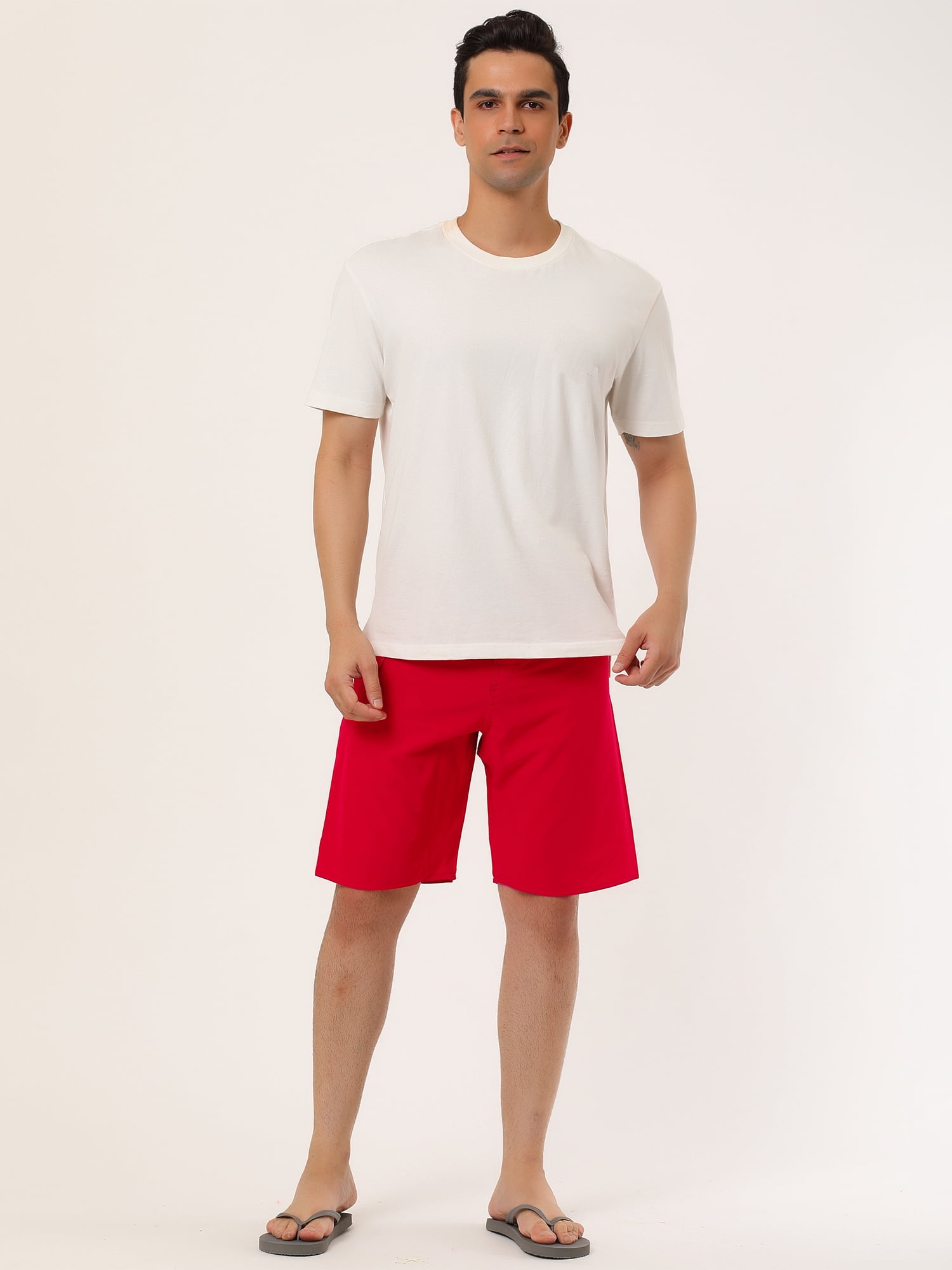 Unique Bargains Men's Summer Casual Solid Color Elastic Waist Beach Swimwear Shorts 34 Red