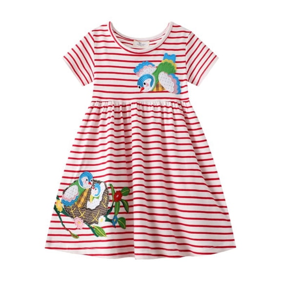 Girls Stripe Embroidery Birds Nest Sun Dress Q556 Size 2T-7