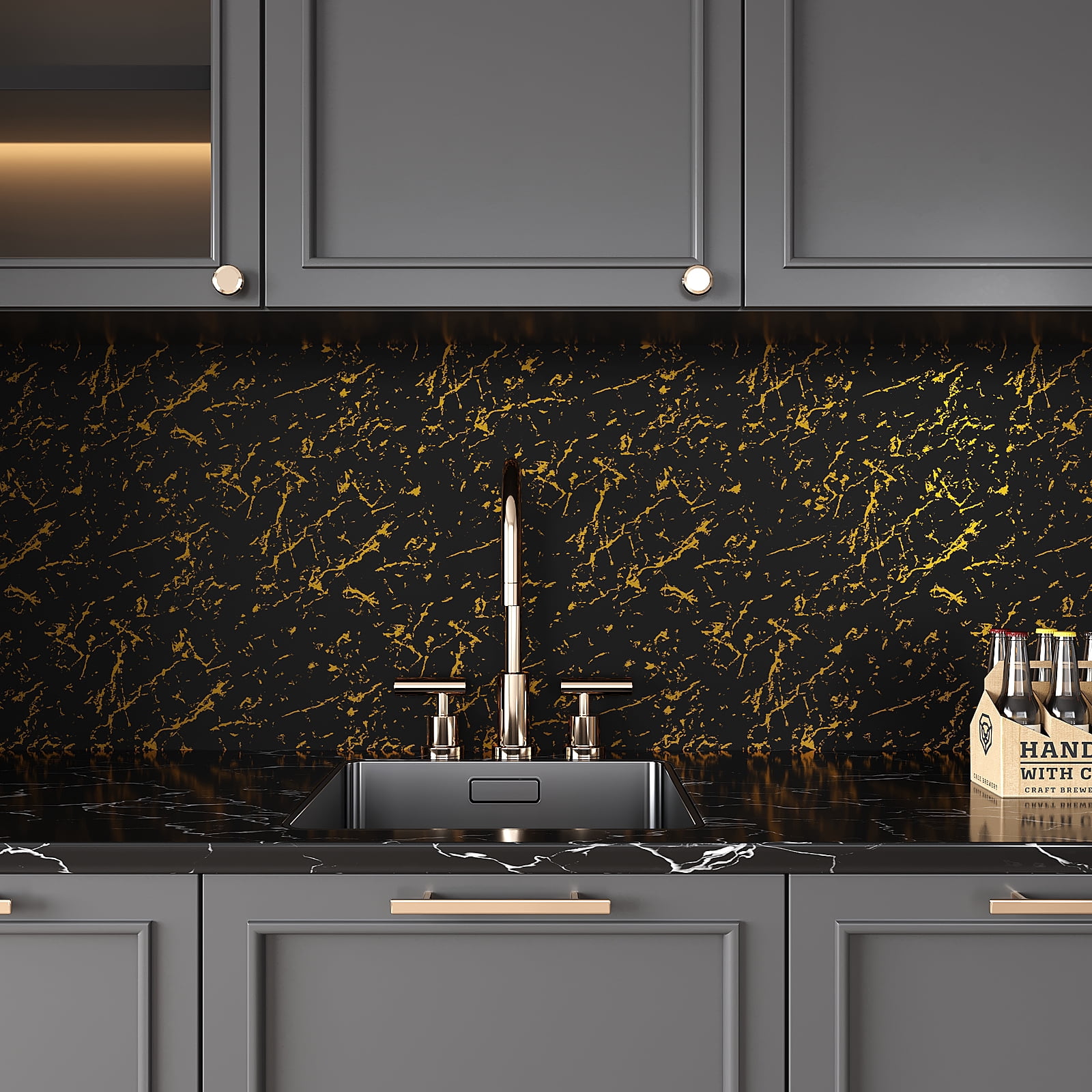 VEELIKE Black Gold Marble Contact Paper for Countertops Waterproof Marble Wallpaper Peel and Stick Countertops for Kitchen Bathroom 15.7''x118'' Black Counter Top Covers Laminate Sheet for Table Wall