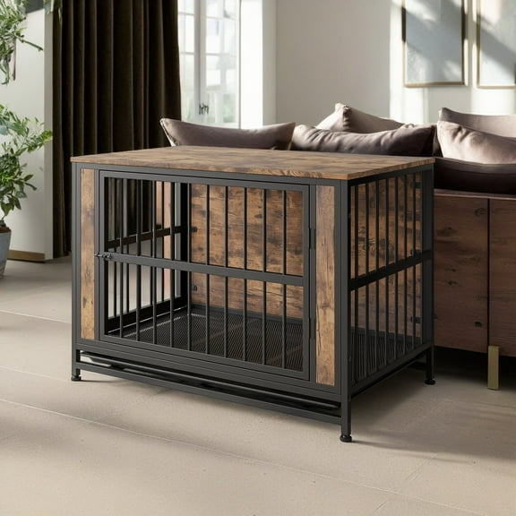 Demi Bonn 38" Dog Crate Furniture, Wooden Dog Kennel for Dogs with Removable Tray, Heavy-Duty Dog Cage End Table, Double Doors Dog House, Brown