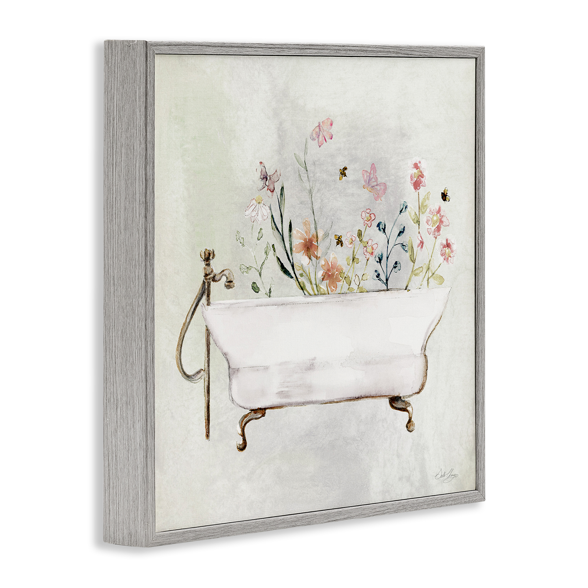 Stupell Industries Butterfly Floral Tub Typography Painting Gray Framed Art Print Wall Art, 12 x 12