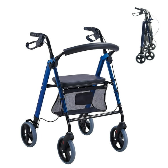 Andadera Rollator de Lujo Plegable Fabricada en Aluminio Reforzado Duradero y Resistente, Ruedas Delanteras Ajustables (Llanta de 8”) (Azul)