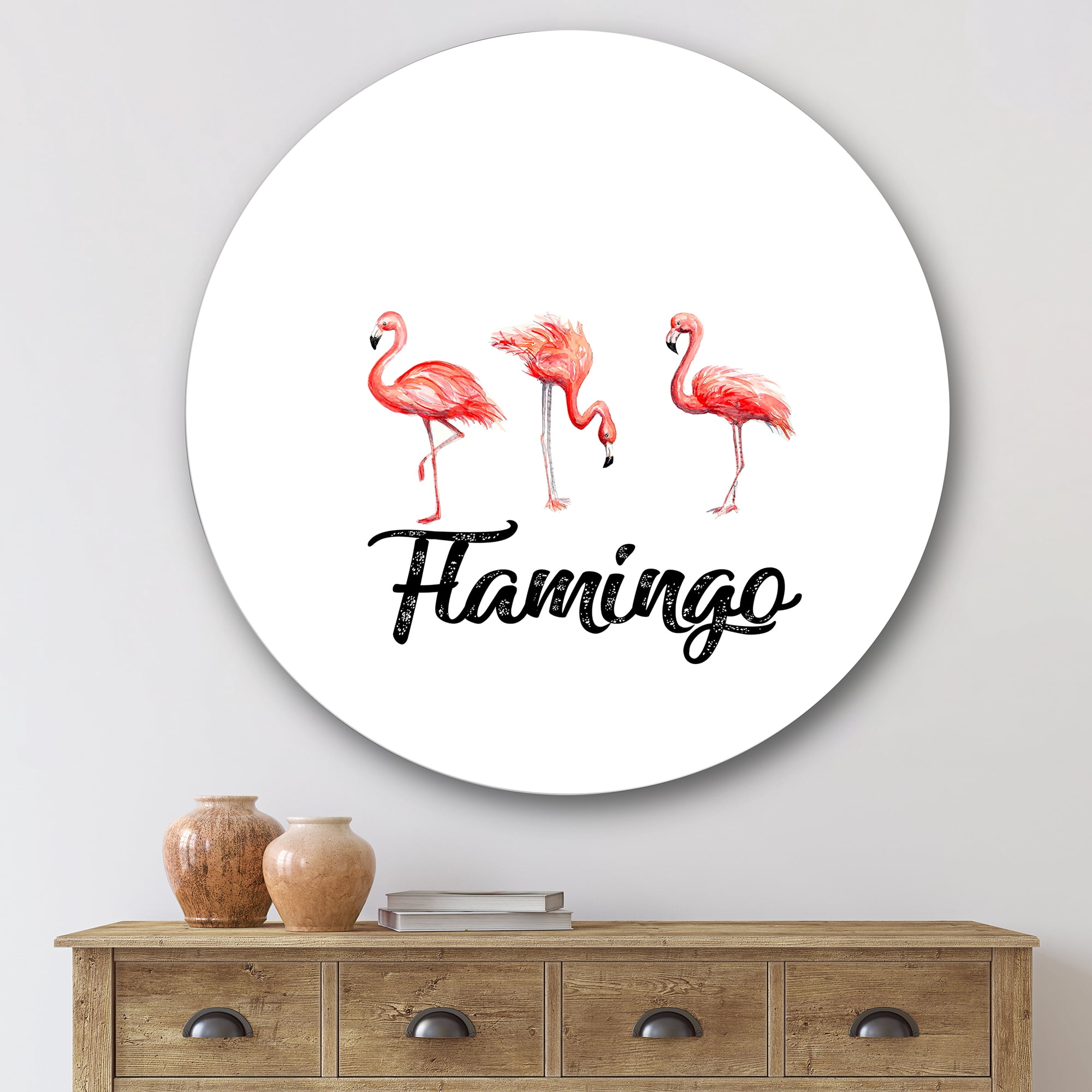Designart 'Three Flamingos On White' Farmhouse Circle Metal Wall Art 36x36 - Disc of 36