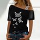 thumbnail image 2 of Blusa casual para mujer Camiseta estampada Malla Fuera del hombro Patchwork Manga corta Tops Pompotops  hkajfhjk473636, 2 of 7