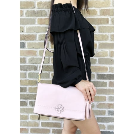 Tory Burch Mcgraw Leather Fold Over Messenger Bag Crossbody Pink Quartz