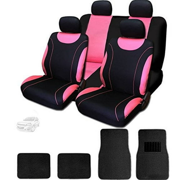 Yupbizauto New 12-Piece Flat Cloth Sleek Black & Pink Car Seat Covers Set with 4 Black Carpet Floor Mats – Complete Set for Women
