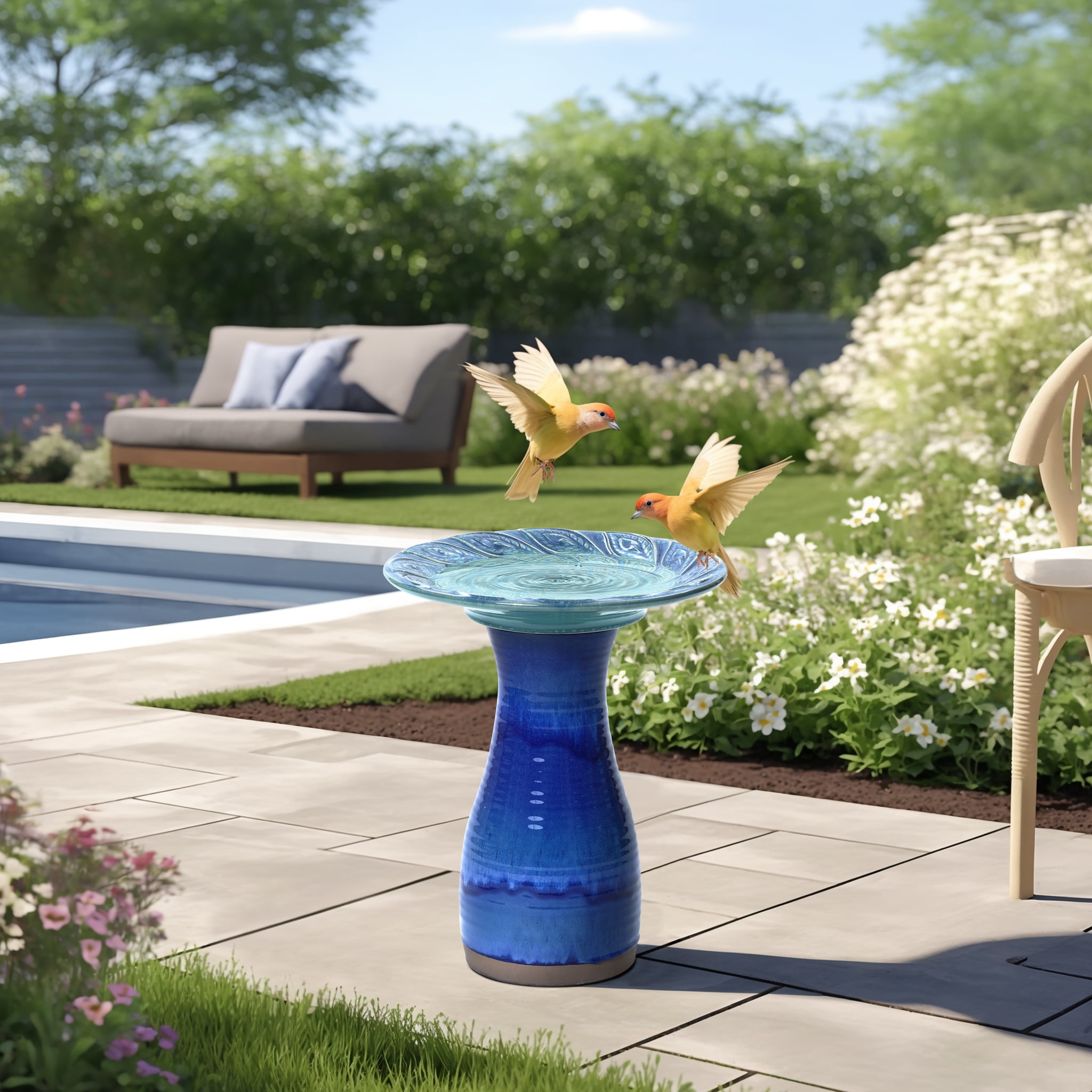 LuxenHome 20 Inch Ceramic Bird Bath for Outside, Elegant Tall Outdoor Bird Bath with Leaf Pattern