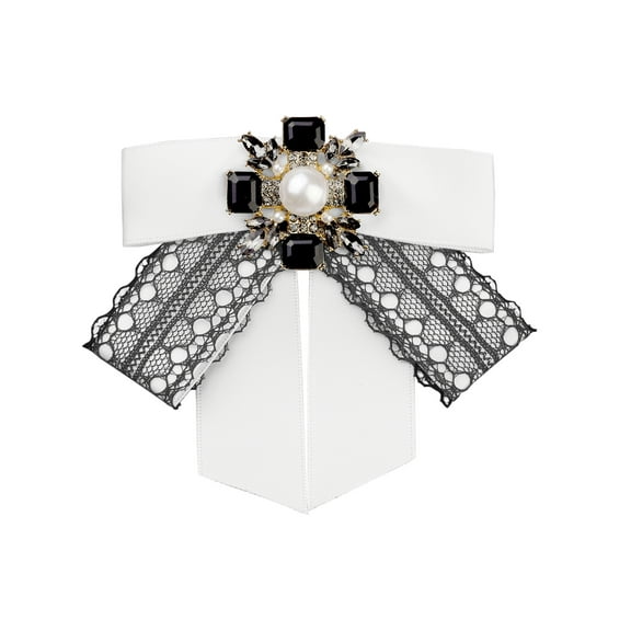 INSPIRE CHIC Satin Bow Ribbon Lace Trim Shirt Rhinestone Brooch Ties White