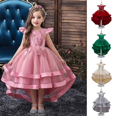 

HAPIMO Girls s A Line Tail Dress Embroidery Flower Cute Round Neck Holiday Birthday Princess Ruffle Mesh Hem Flying Sleeve Princess Dress Lovely Relaxed Comfy Green 3-4 Years