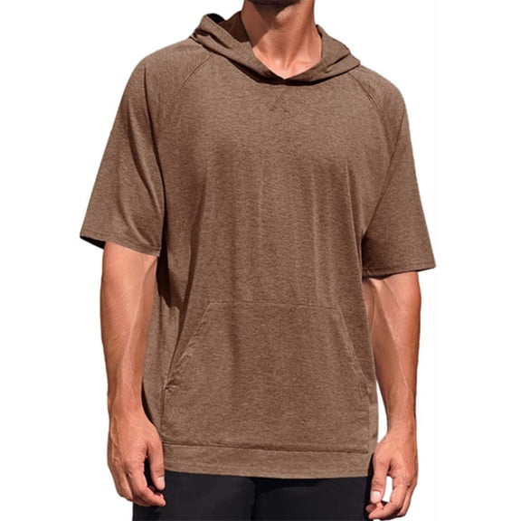 LANGWYQU Short Sleeved Men Solid Color Casual Hooded Tops Male Knit Hoodies