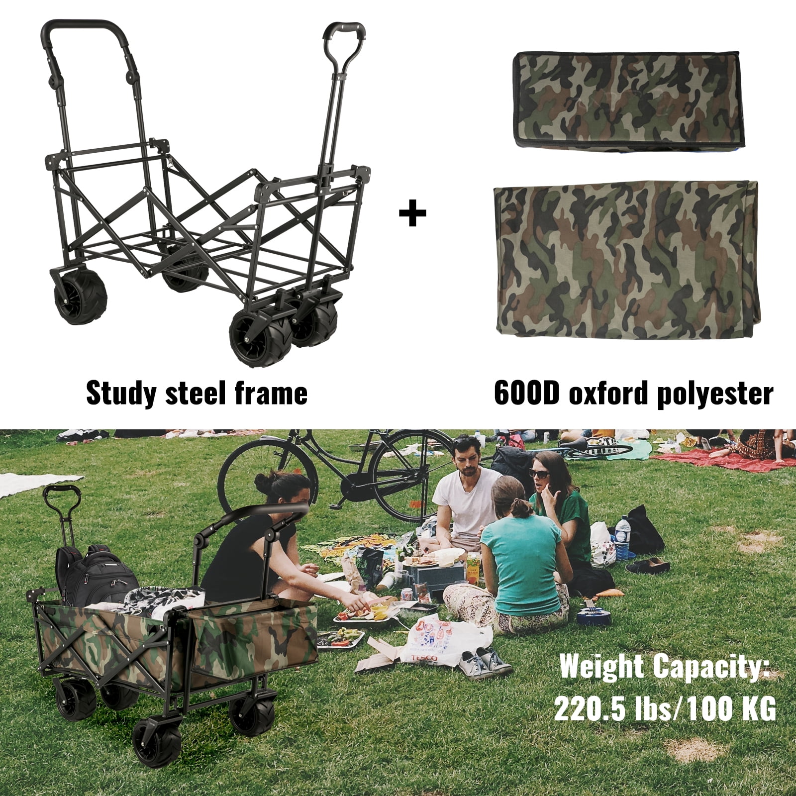 BENTISM Collapsible Wagon Cart, Folding Utility Garden Cart with Removable Canopy 600D Oxford Cloth,Wide Large All Terrain Wheels,Adjustable Handles Beach Cart for Camping (Camouflage)