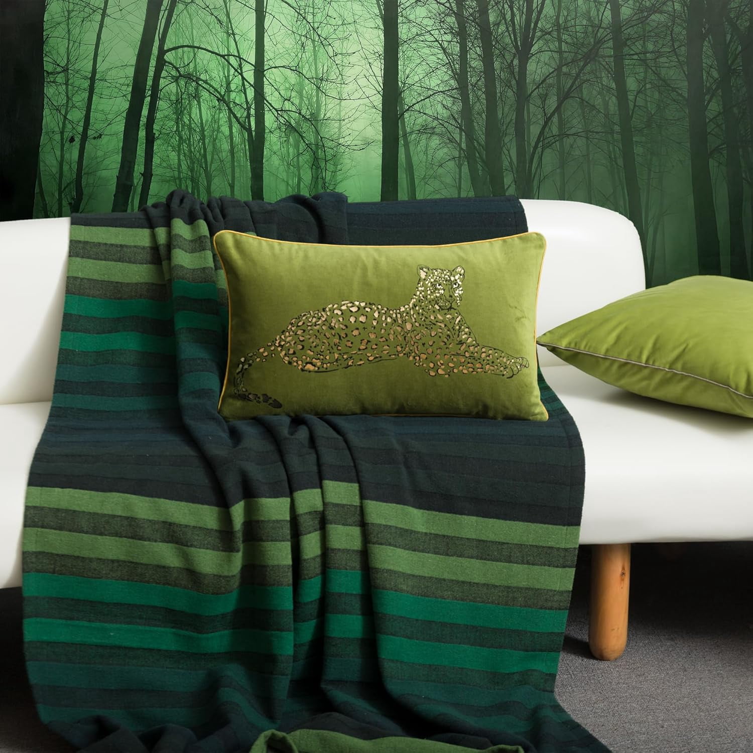 JWH Gold and Green Rectangle Cotton Velvet Leopard Print Cushion Cover 12x20inch