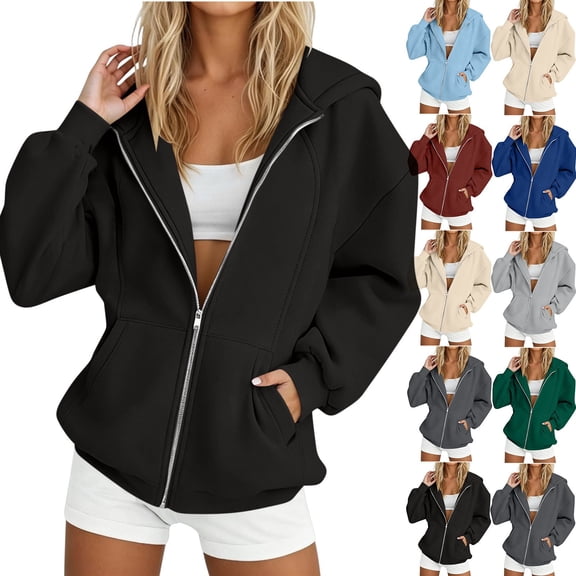 YanHoo Women's Fall Zip Up Hoodies Sweatshirts | Comfy Fleece Lined, Long Sleeve Pockets, Drawstring Hooded, Loose Fit, Fashion Y2K, Track Jackets, Spring Winter Clothing
