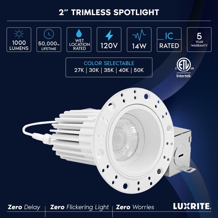 LUXRITE 2 Inch Square LED Recessed Light - 3CCT Selectable (3000K/4000K/5000K), Dimmable, 8W 600LM, IC & Damp Rated, Canless Downlight Kit