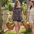 thumbnail image 3 of Blusa de mujer plus size con flores Agnes Orinda, con encaje en el frente, cuello redondo, manga corta, camiseta casual de verano 3X negra, 3 of 8
