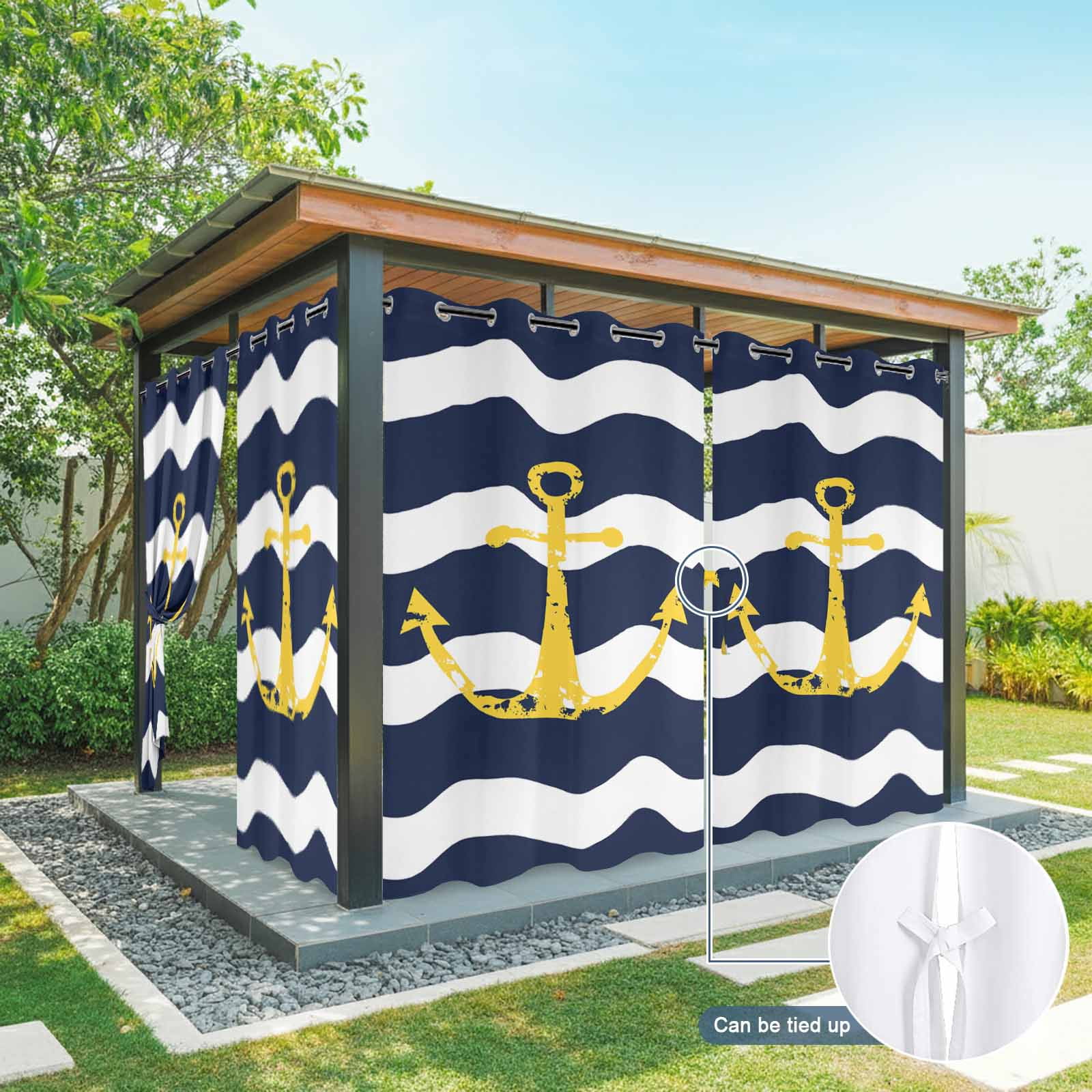 Navy Blue Outdoor Curtains for Patio Waterproof, Wave Stripes Yellow Nautical Anchor Grommet Curtains for Porch Outside Privacy Drape for Gazebo Garden Pergola, 2 Panels, 54x84in