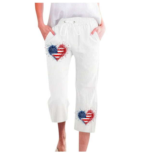 Ladies Casual Pants Linen Beach Drawstring Flag Print Crop Patriotic Capris Pant With Pockets High Waisted Pants White L