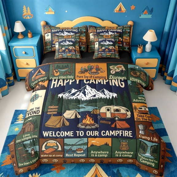 Catabedysis Country Style Camping 7-Piece Twin Bedding,Happy Camping Print Bedding Comforter Set For Boys,Multicolor,Black Reversible