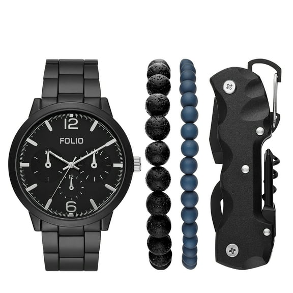 Men's Three-Hand, Black Alloy Watch Gift Set