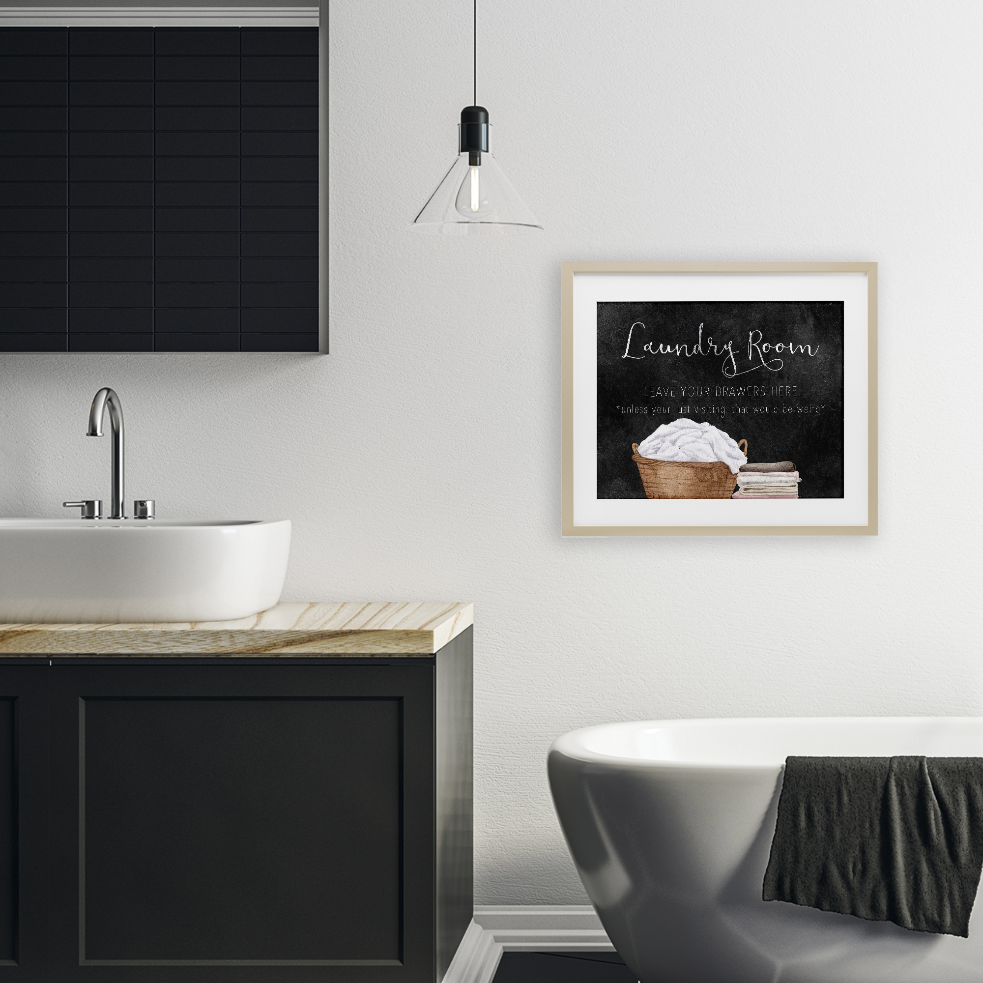 Leave Your Drawers Laundry Birch Framed Print Under Glass, design by Kim Allen