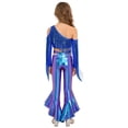 thumbnail image 2 of SiiRoh Girls Jazz Tango Disco Dance Outfit Oblique Shoulder Tassel Sequin Crop Top and Metallic Flare Pants Set Royal Blue 14, 2 of 6