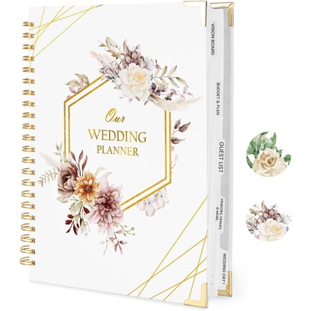Wedding Planner Book and Organizer, Bridal Planning Binder with Tabs&Pocket | Floral Design, Countdown Calendar, Checklists, Metal Corner, 5 Pockets, Engagement for Newly Engaged Couples, 9x12"