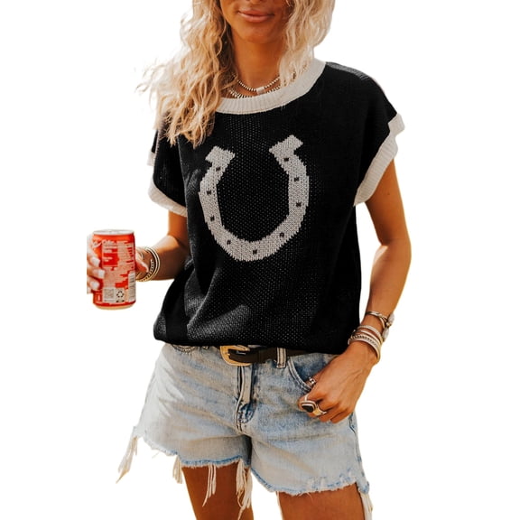 Women's Black Horse Shoe Print Short Sleeve Sweater – Western Daily Wear [ZhiHiMeRi] | XL