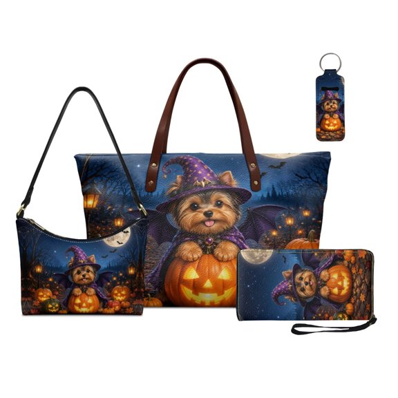 Kuiaobaty Yorkshire Terrier Print Handbag and Wallet Set for Women Pumpkin Print Tote Bag with Wristlet Wallet Lightweight Underarm Bag Lip Holder for Halloween, Blue