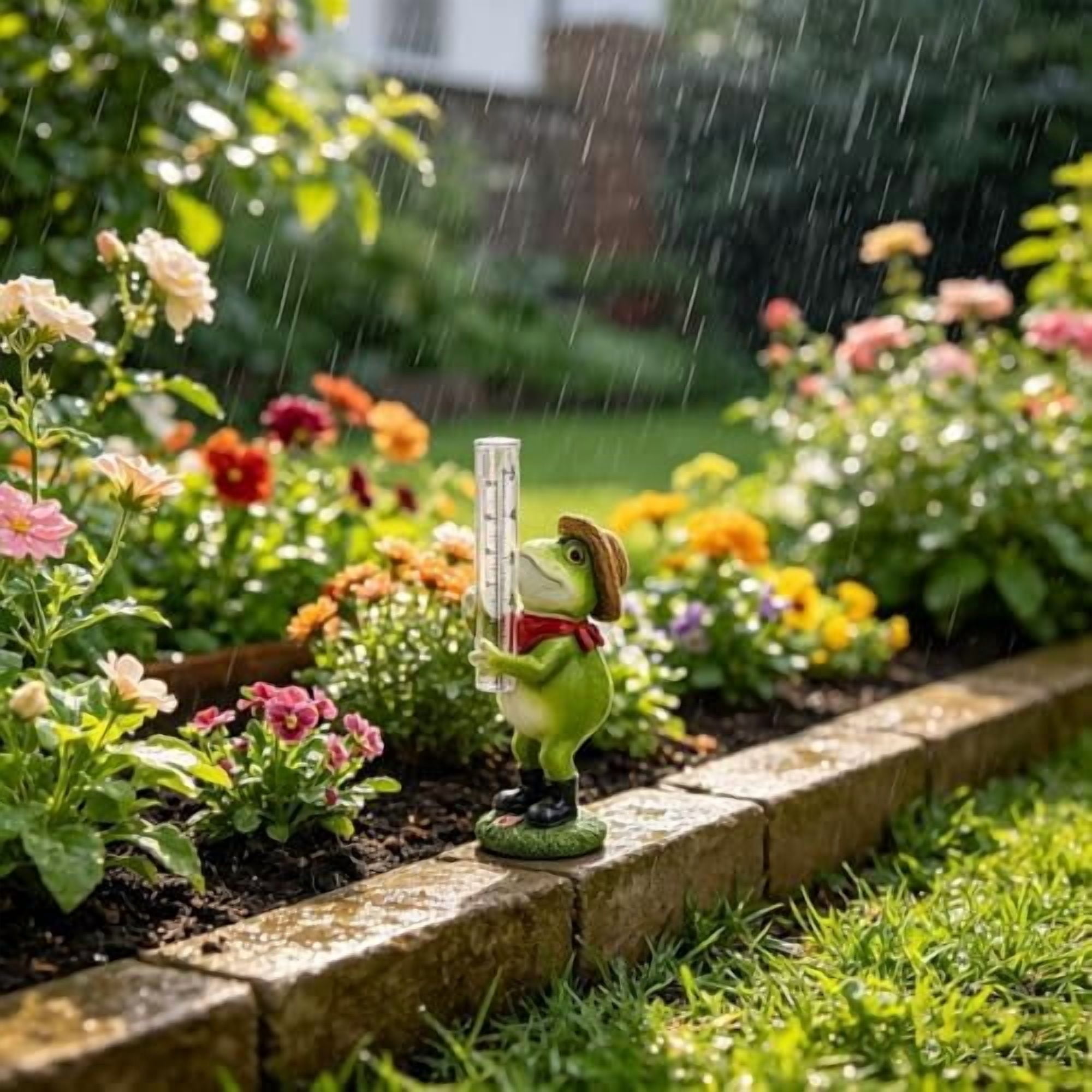 Resin Frog Rain Gauge with Glass Tube, Outdoor Yard Garden Decor