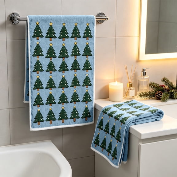 Christmas Tree Pattern Hand Towels Set Of 2 Soft Absorbent Kitchen Bathroom Dish Towels For Holiday Home Decoration