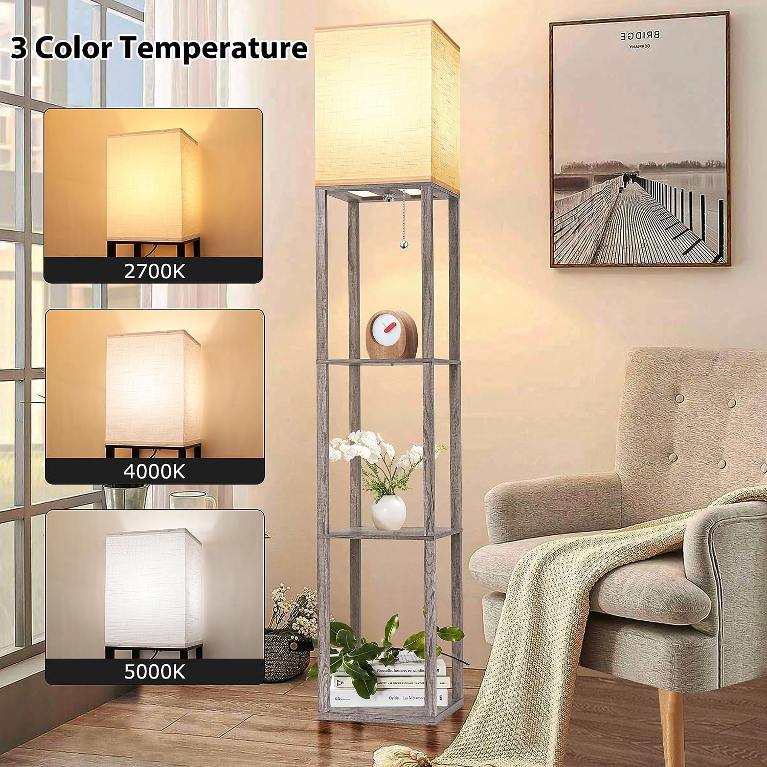 Floor Lamp with Shelves for Living Room, Shelf Floor Lamp with 3 CCT LED Bulb, Corner Display Standing Column Lamp Etagere Organizer Tower Nightstand with White Linen Shade for Bedroom Office