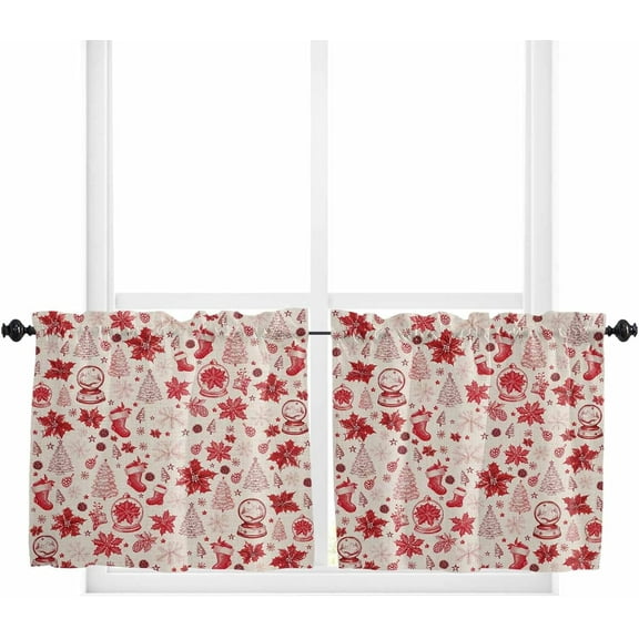 Red Christmas Kitchen Curtain 2 Panels Tiers Curtains 36 Inch Length, Xmas Poinsettia Tree Snowflake Rustic Curtains Rod Pocket Curtains Window Drapes Treatment Window Cafe Curtains