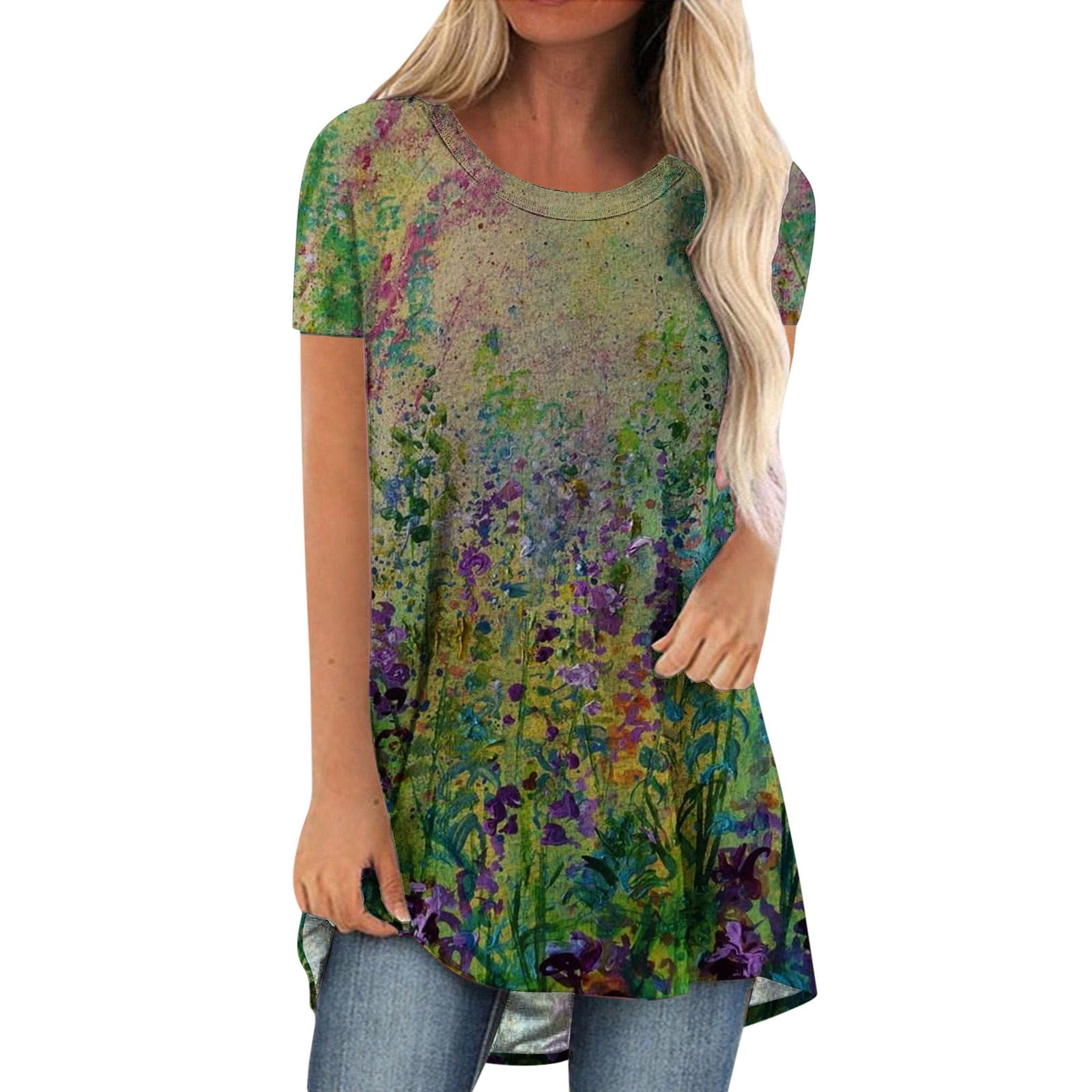 Yyeselk Elegant Floral Print Women Tops Leisure Round Neck Short Sleeve TieDye Tunic TShirts
