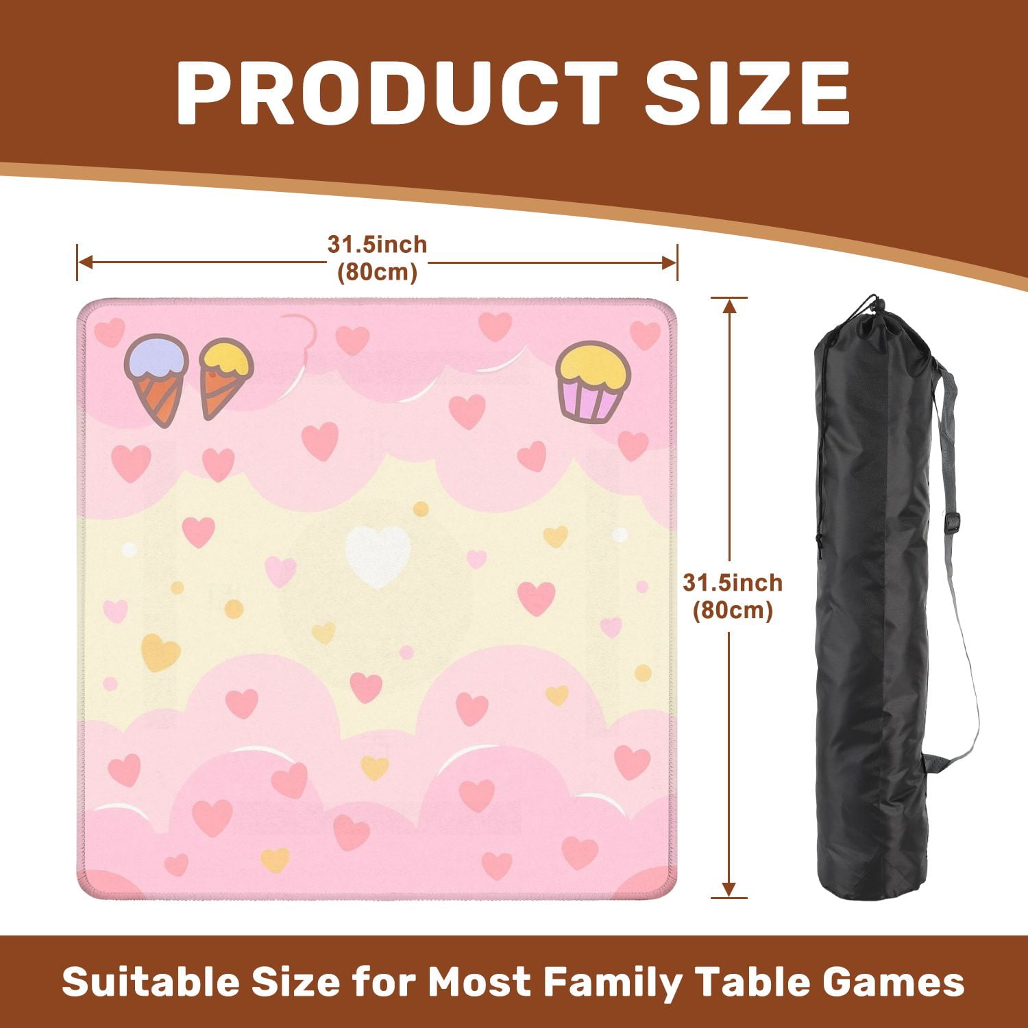 Mahjong Mat 31.5" x 31.5" Cute Pastel Pink Ice Cream Cupcake Hearts Clouds Non-Slip Noise Reduction American Mahjong Tiles Table Cover for Dominoes Poker Card Board Games Gift