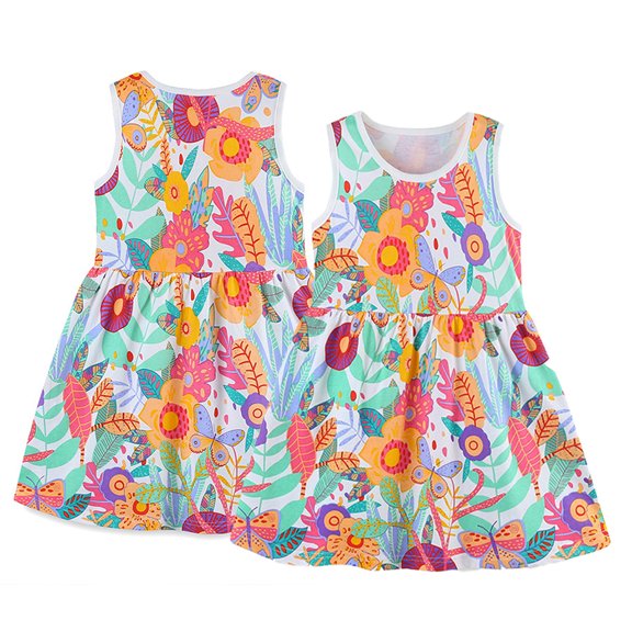 WOLLED Baby Girls Summer Floral Cotton Dresses for Toddler Kids Sleeveless Tutu Princess Party Dress Casual A-Line Skirt 2-8Y