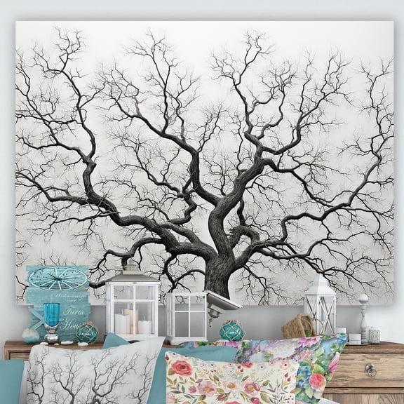 Designart "Oak Trees In Black And White I" Tree Oak Wall Art Living Room