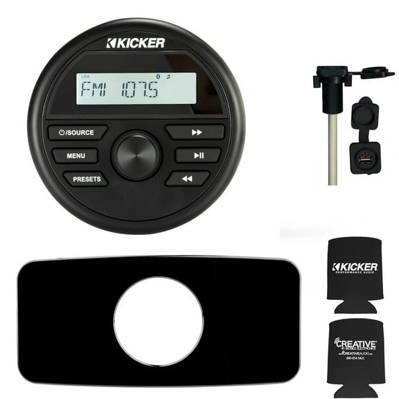 Kicker 46KMC2 Waterproof Radio With Stinger SEADASH3B Universal Marine 3" Radio Dash Kit - Black, And SMRAUXUSB3 Usb/Aux
