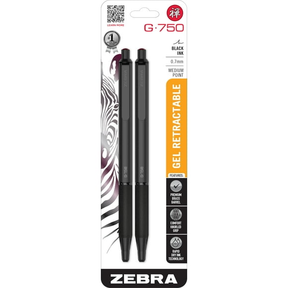 Gel Pen Zebra Pen G-750 Retractable Black Ink 0.7mm 2-Pack