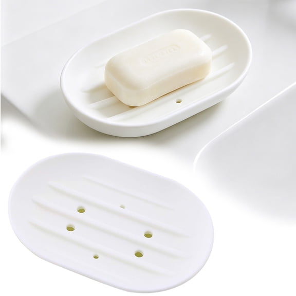 White Silicone Soap Dish with Drain Holes, Oval Soap Holder for Bathroom, Shower and Kitchen Countertop, 1 Pack