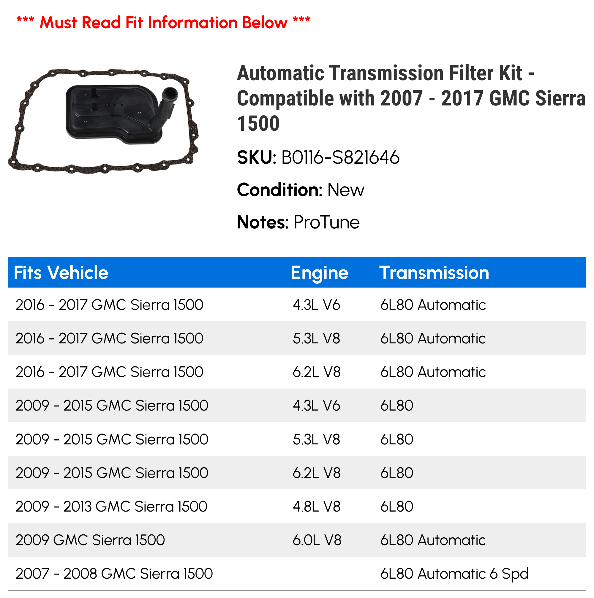 Automatic Transmission Filter Kit - Compatible with 2007 - 2017 GMC Sierra 1500 2008 2009 2010 2011 2012 2013 2014 2015 2016