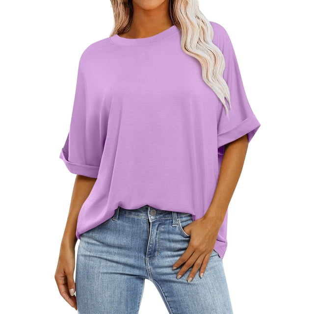 Yuyuzo Womens Summer Tops Crew Neck Half Sleeve Loose Fitted Shirts Casual Solid Color Basic Tee Shirts