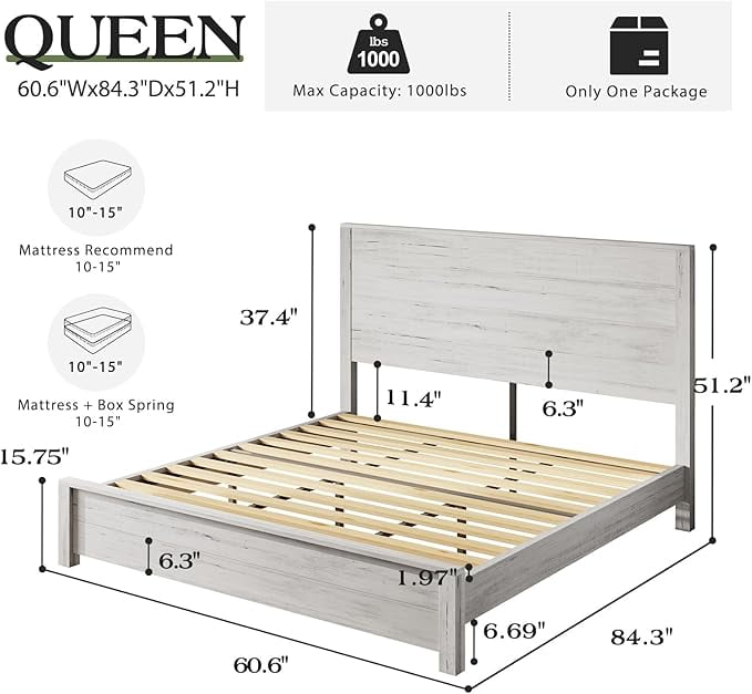 VanAcc Queen Size Wood Platform Bed, Rustic Bed Frame with 51.2" Tall Slatted Headboard, Wooden Slats & Metal Support, Noise Free, Rustic White