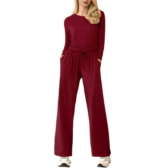 Aihuaihua Two Matching Sets Airport Outfits for Women 2025 Travel Outfits Elasticity Crop Top & Easy Wide Leg Pants Casual Long Sleeve Sport Clothes Red