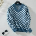 thumbnail image 5 of Women'S Cropped Plaid Sweater V-Neck Long Sleeve Crop Sweater Pullover Jumper Knit Top Blue M, 5 of 7