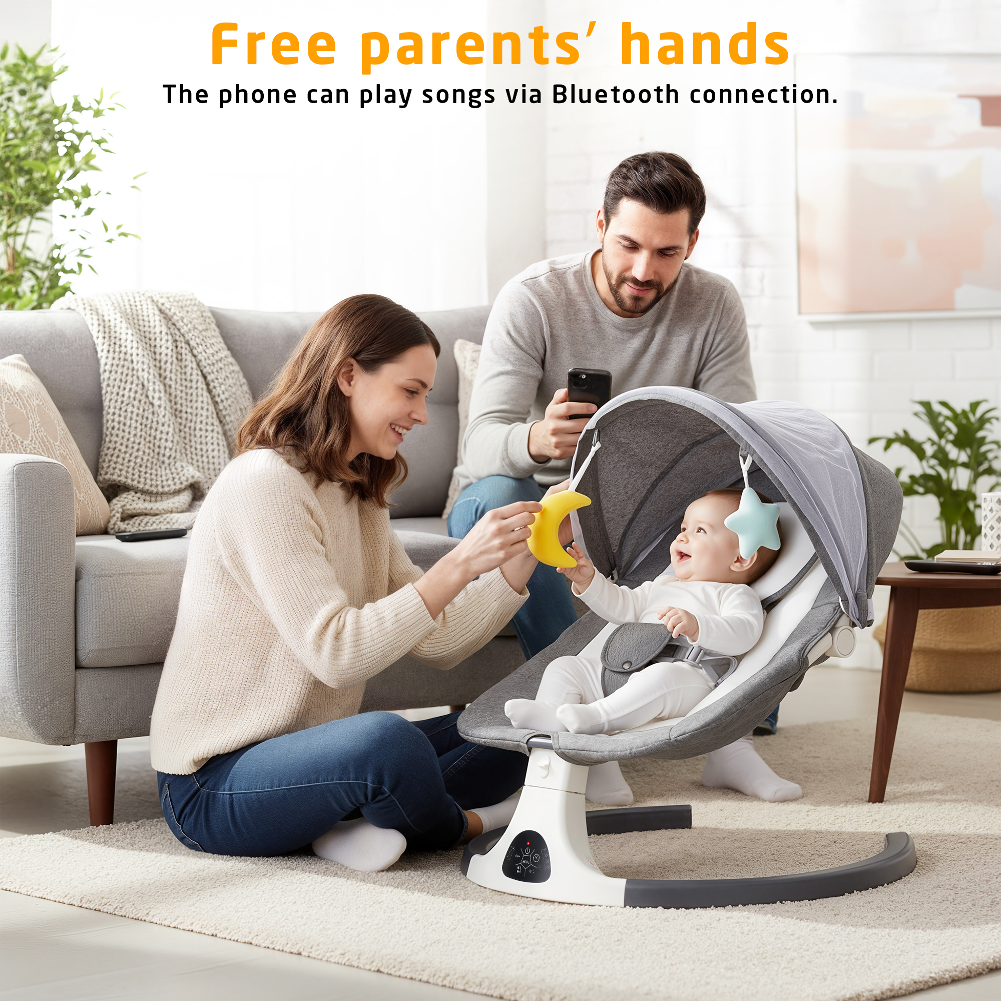 SACVON Baby Swing with Bluetooth Music and Remote Control, 5 Adjustable Settings, Portable, Suitable for Indoor and Outdoor Use,Dark Gray