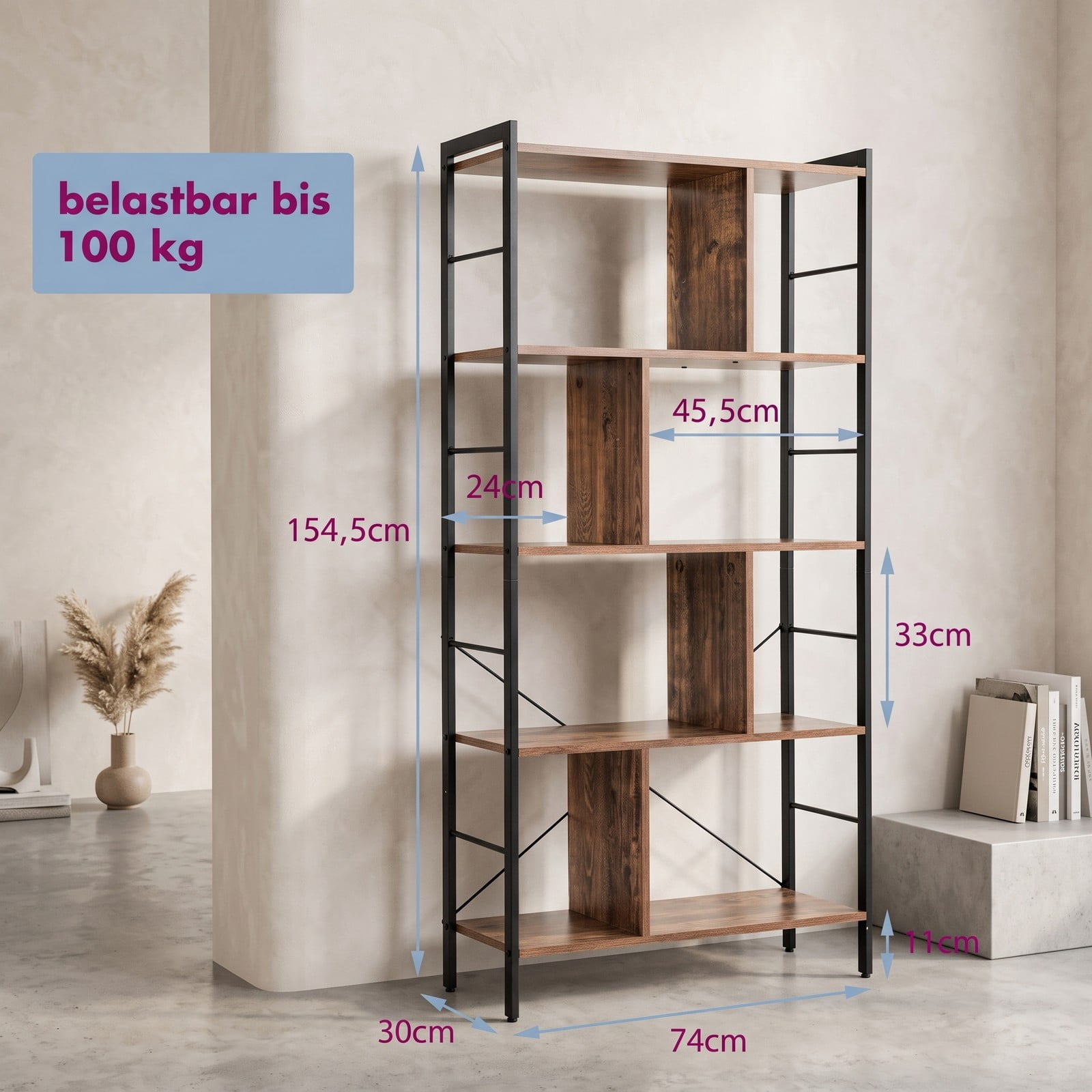 Furnibear 4-Tier Industrial Freestanding Bookshelf, Wood and Metal Frame Bookcase Open Storage Shelf with Anti-Toppling Device for Living Room Bedroom, Rustic Brown